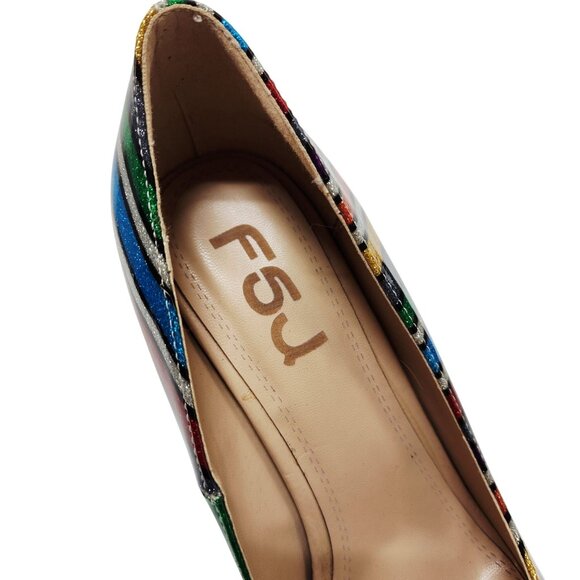 FSJ Womens Pointed Toe Chain Heel Striped Multicolor Pumps Size 8 - Picture 3 of 11